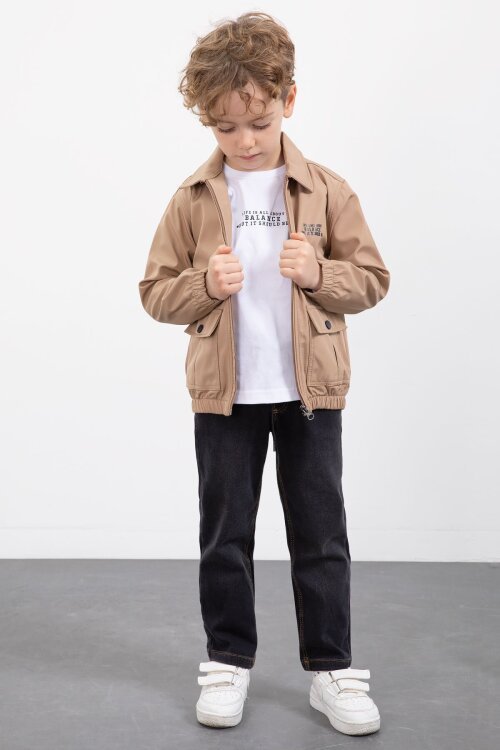 Kahverengi Çıtçıt Cepli Ceketli Jean Pantolonlu Erkek Çocuk 3lü Takım 23384