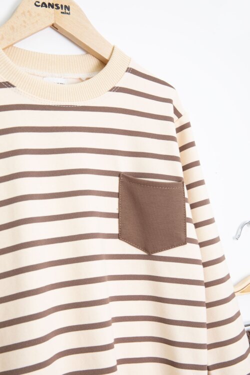 Kahverengi Çizgili Cep Detaylı Erkek Çocuk Eşofman Takımı 23342