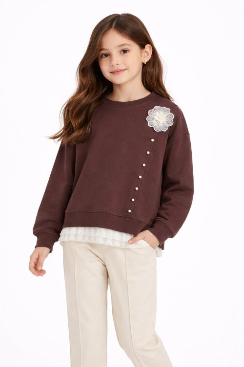 Kahverengi Dantel Detaylı Badili Jean Pantolonlu Kız Çocuk Alt Üst Takım 23594