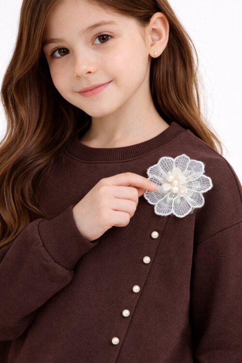 Kahverengi Dantel Detaylı Badili Jean Pantolonlu Kız Çocuk Alt Üst Takım 23594