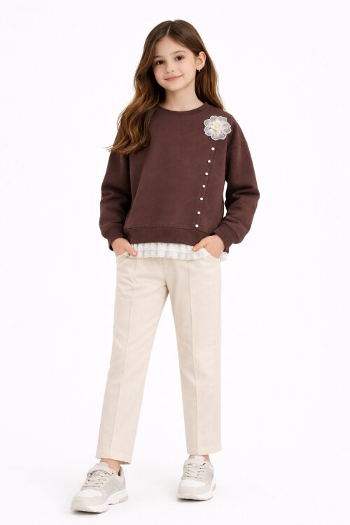 Kahverengi Dantel Detaylı Badili Jean Pantolonlu Kız Çocuk Alt Üst Takım 23594