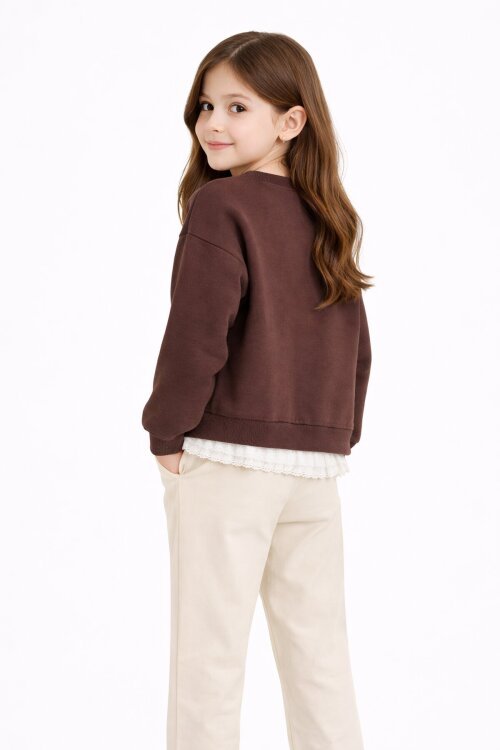 Kahverengi Dantel Detaylı Badili Jean Pantolonlu Kız Çocuk Alt Üst Takım 23594