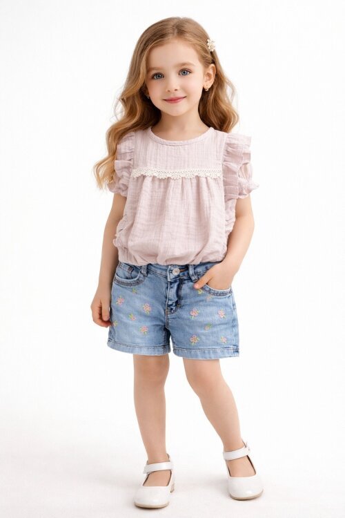 Kahverengi Dantel Detaylı Bluzlu Jean Şortlu Kız Çocuk 2li Takım 22662