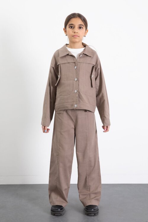 Kahverengi Düğme Detaylı Keten Gömlekli Pantolonlu Kız Çocuk 2li Takım 23517