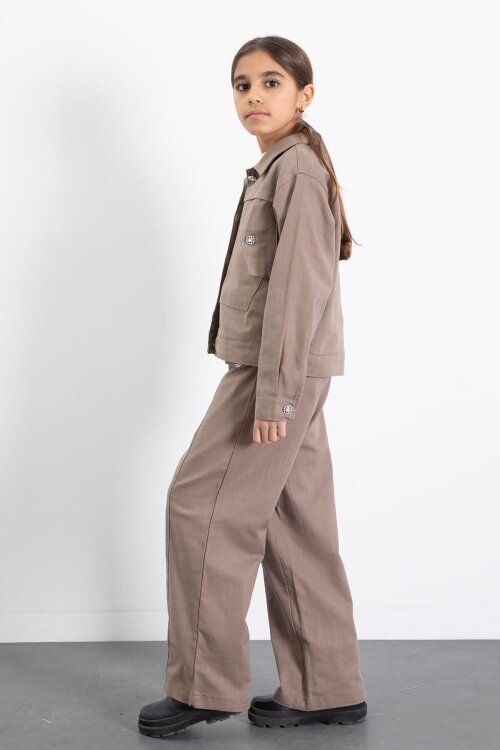 Kahverengi Düğme Detaylı Keten Gömlekli Pantolonlu Kız Çocuk 2li Takım 23517