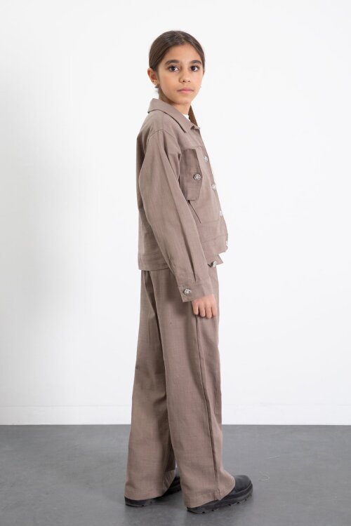 Kahverengi Düğme Detaylı Keten Gömlekli Pantolonlu Kız Çocuk 2li Takım 23517