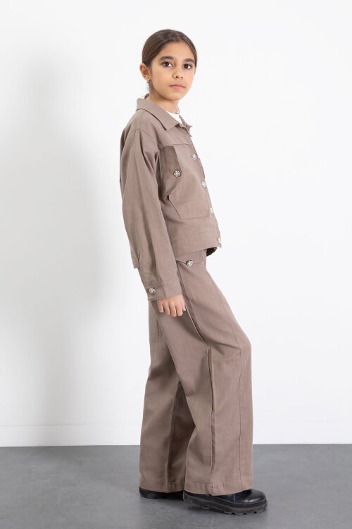 Kahverengi Düğme Detaylı Keten Gömlekli Pantolonlu Kız Çocuk 2li Takım 23517