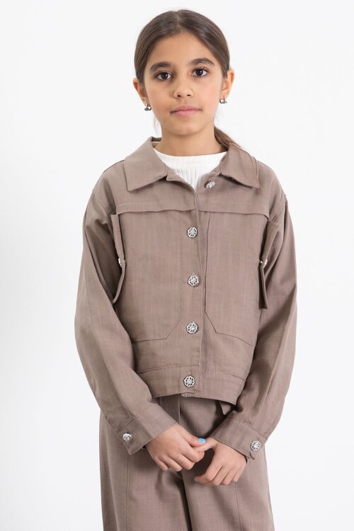 Kahverengi Düğme Detaylı Keten Gömlekli Pantolonlu Kız Çocuk 2li Takım 23517