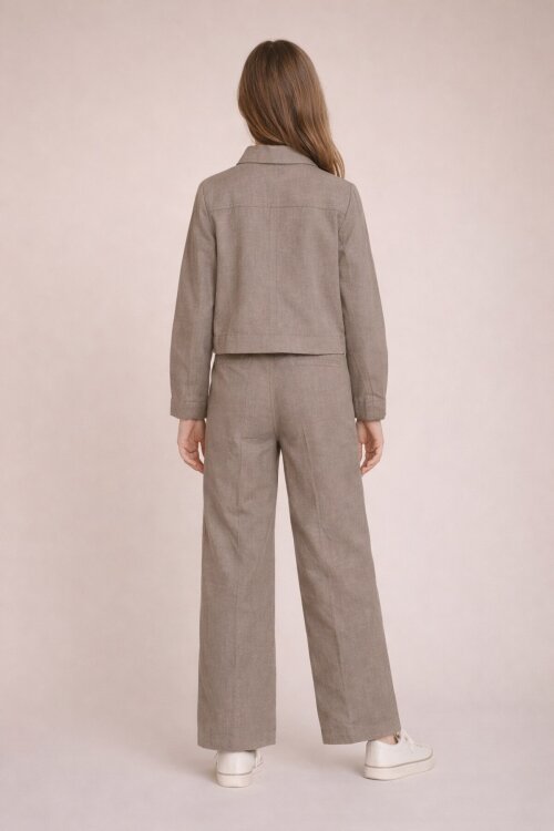 Kahverengi Düğme Detaylı Keten Gömlekli Pantolonlu Kız Çocuk 2li Takım 23517