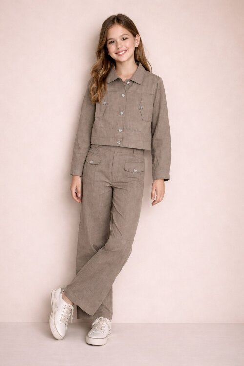 Kahverengi Düğme Detaylı Keten Gömlekli Pantolonlu Kız Çocuk 2li Takım 23517
