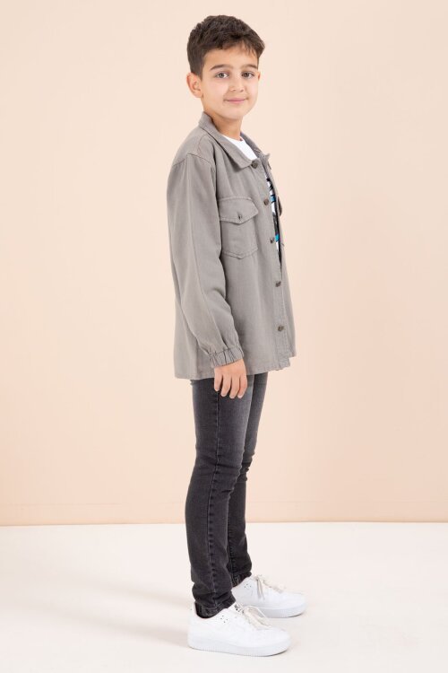 Kahverengi Düğmeli Cepli Gömlekli Jean Pantolonlu Erkek Çocuk 3lü Takım 23636