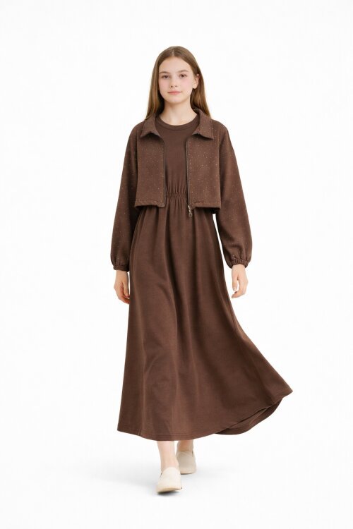 Kahverengi Fermuarlı Taşlı Crop Ceketli Sıfır Kol Kız Çocuk Elbise 23753