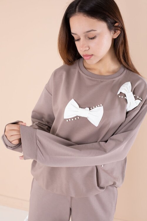 Kahverengi Fiyonklu İnci Detaylı Kız Çocuk Bisiklet Yaka 2li Eşofman Takımı 21202