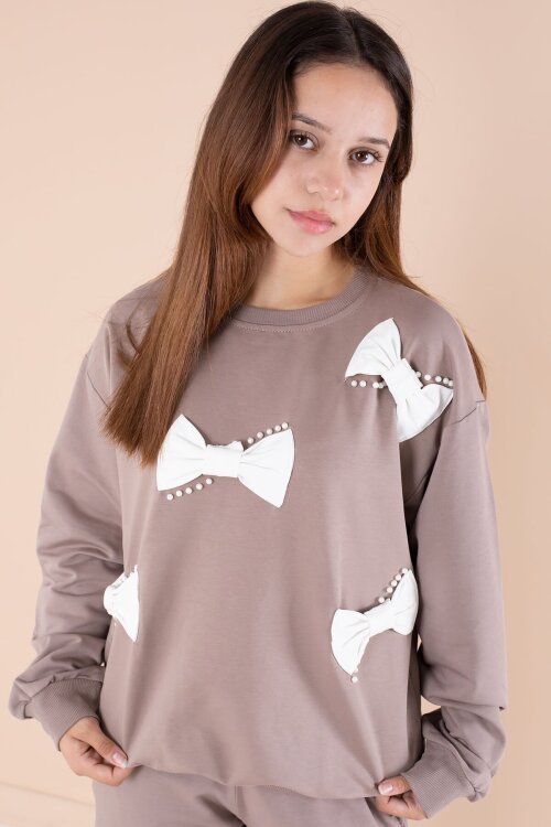 Kahverengi Fiyonklu İnci Detaylı Kız Çocuk Bisiklet Yaka 2li Eşofman Takımı 21202