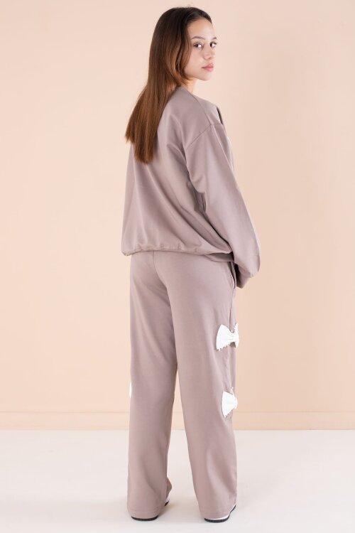 Kahverengi Fiyonklu İnci Detaylı Kız Çocuk Bisiklet Yaka 2li Eşofman Takımı 21202