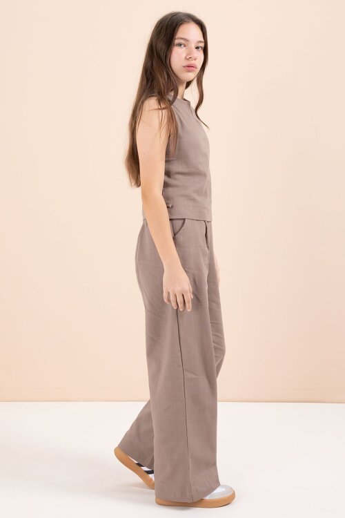 Kahverengi Geniş Paça Pantolonlu Kız Çocuk Keten Croplu Takım 23449