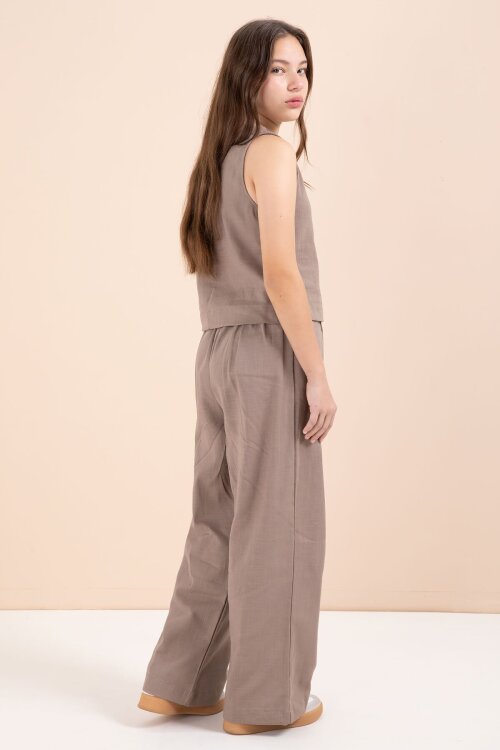 Kahverengi Geniş Paça Pantolonlu Kız Çocuk Keten Croplu Takım 23449