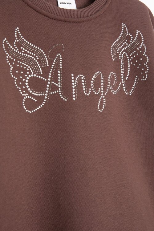 Kahverengi Kanatlı Angel Yazılı Kız Çocuk Şardonlu Eşofman Takımı 23346