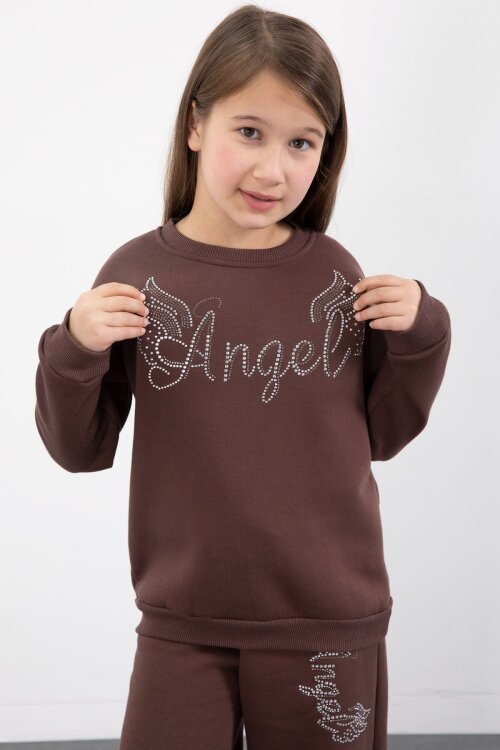 Kahverengi Kanatlı Angel Yazılı Kız Çocuk Şardonlu Eşofman Takımı 23346