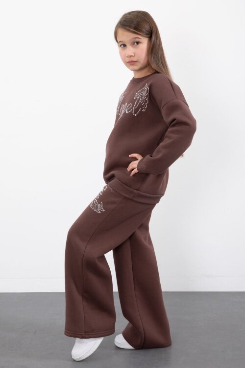Kahverengi Kanatlı Angel Yazılı Kız Çocuk Şardonlu Eşofman Takımı 23346