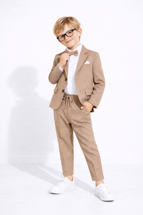 Kahverengi Keten Ceket ve Pantolonlu Erkek Çocuk Papyonlu 4lü Takım Elbise  23523