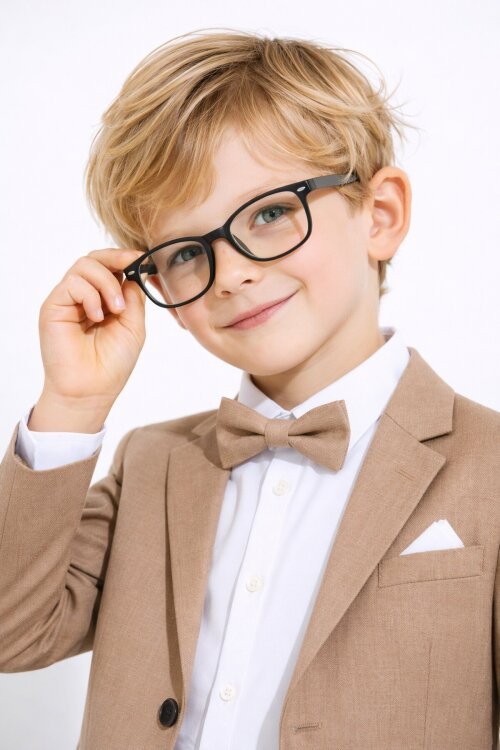 Kahverengi Keten Ceket ve Pantolonlu Erkek Çocuk Papyonlu 4lü Takım Elbise  23523