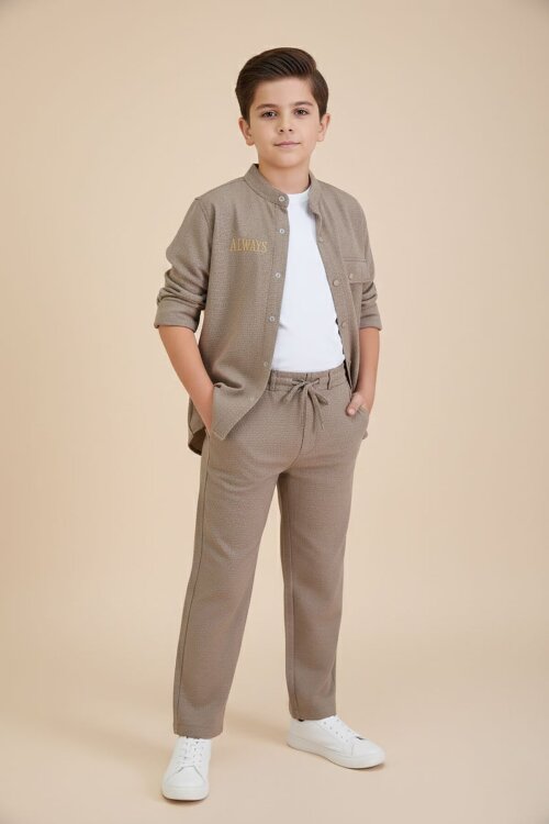 Kahverengi Keten Gömlekli Pantolonlu Erkek Çocuk 3lü Alt Üst Takım  23574