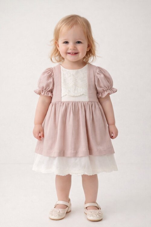 Kahverengi Kız Çocuk Dantel Detaylı Kolu Fırfırlı Elbise  22683