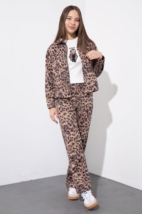 Kahverengi Leopar Desenli Ceketli ve Pantolonlu Kız Çocuk Badili 3lü Takım  23548