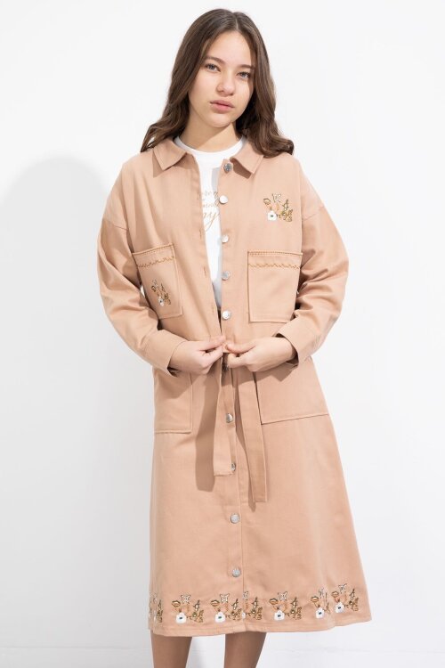 Kahverengi Nakış Detaylı Jean Ceketli Kuşaklı Etekli Kız Çocuk 3lü Takım  23503