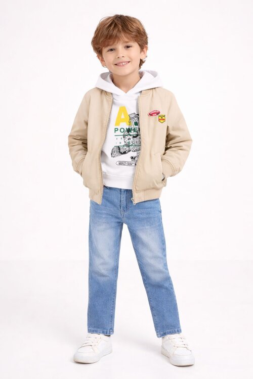 Kahverengi Nakışlı Ceketli Jean Pantolonlu Erkek Çocuk Kapşonlu 3lü Takım 23526