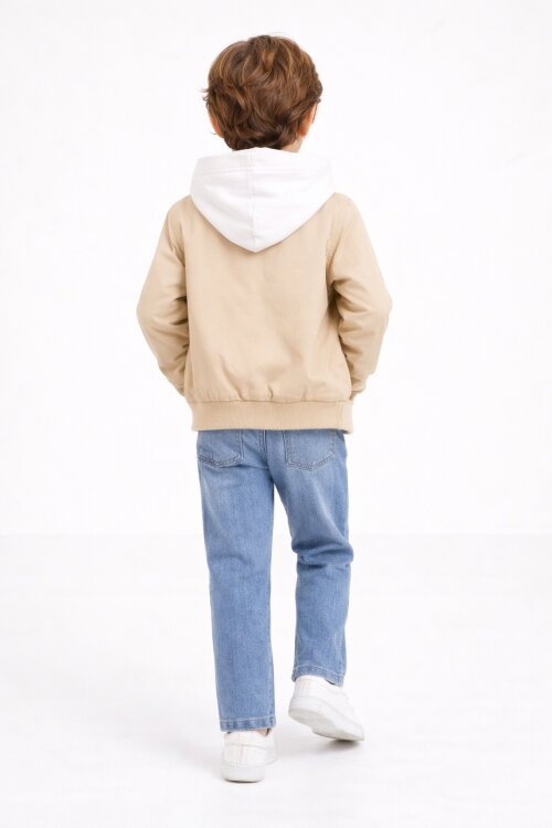 Kahverengi Nakışlı Ceketli Jean Pantolonlu Erkek Çocuk Kapşonlu 3lü Takım 23526