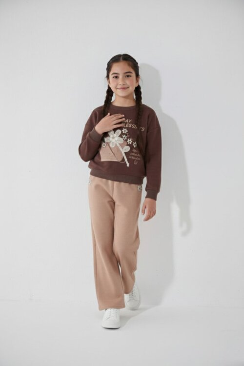 Kahverengi Papatya Nakış Detaylı Jean Pantolonlu Kız Çocuk 2li Takım 23514