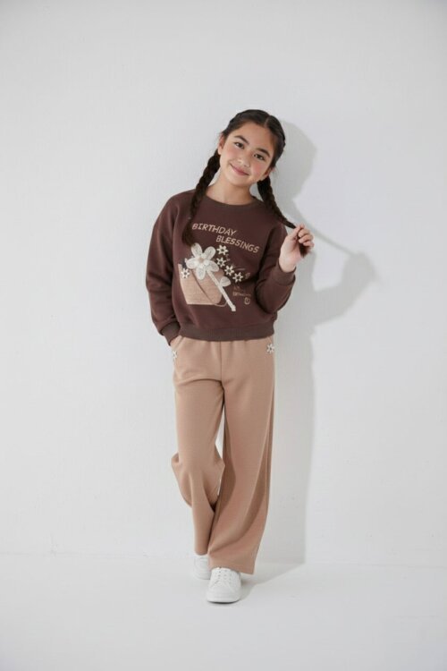 Kahverengi Papatya Nakış Detaylı Jean Pantolonlu Kız Çocuk 2li Takım 23514