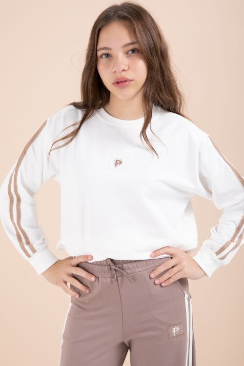 Kahverengi Şerit Detaylı Geniş Paça Nakışlı Kız Oversize Eşofman Takımı 23455