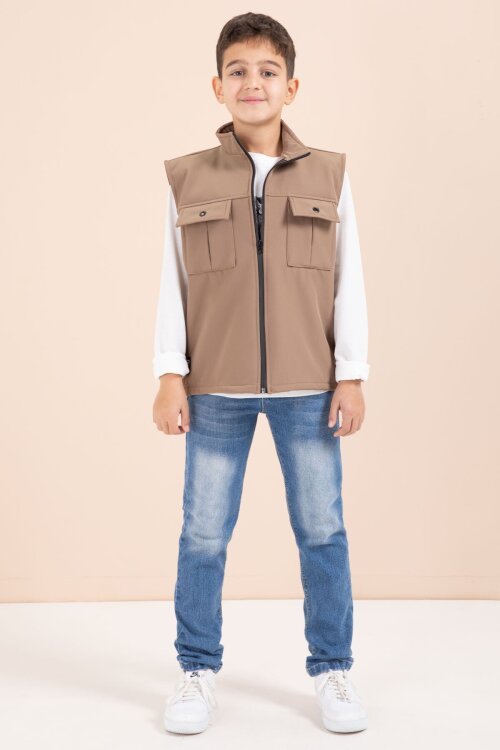 Kahverengi Sıfır Kol Yelekli Badili Erkek Çocuk 3lü Pantolonlu Takım  23487