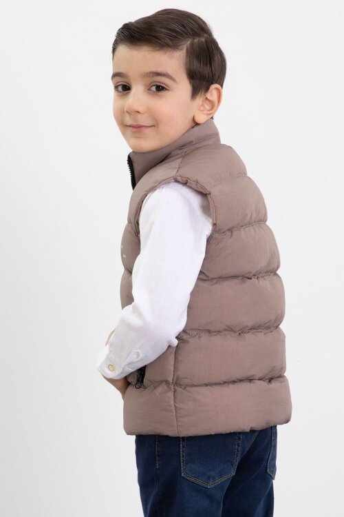 Kahverengi Şişme Yelekli Gömlekli Erkek Çocuk 3lü Pantolonlu Takım 23473