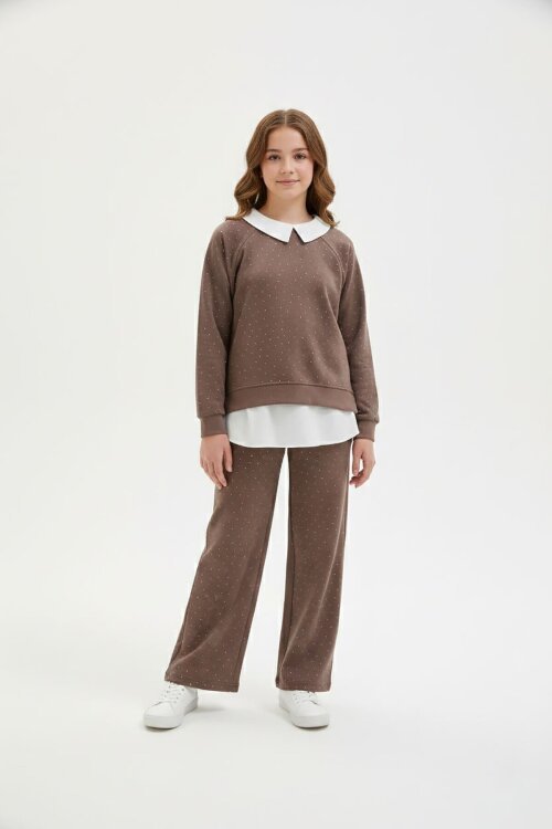 Kahverengi Taş Detaylı  Pantolonlu Kız Çocuk 3lü Gömlekli Takım 23626
