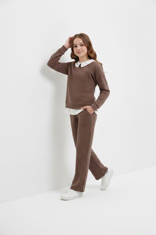 Kahverengi Taş Detaylı  Pantolonlu Kız Çocuk 3lü Gömlekli Takım 23626