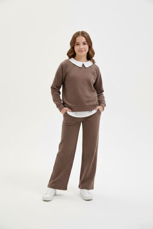 Kahverengi Taş Detaylı  Pantolonlu Kız Çocuk 3lü Gömlekli Takım 23626