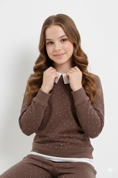 Kahverengi Taş Detaylı  Pantolonlu Kız Çocuk 3lü Gömlekli Takım 23626