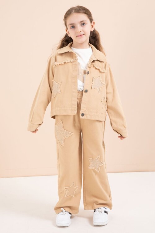 Kahverengi Taşlı Yıldız Nakışlı Jean Ceketli 3lü Pantolonlu Kız Takım 23436