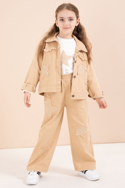 Kahverengi Taşlı Yıldız Nakışlı Jean Ceketli 3lü Pantolonlu Kız Takım 23436