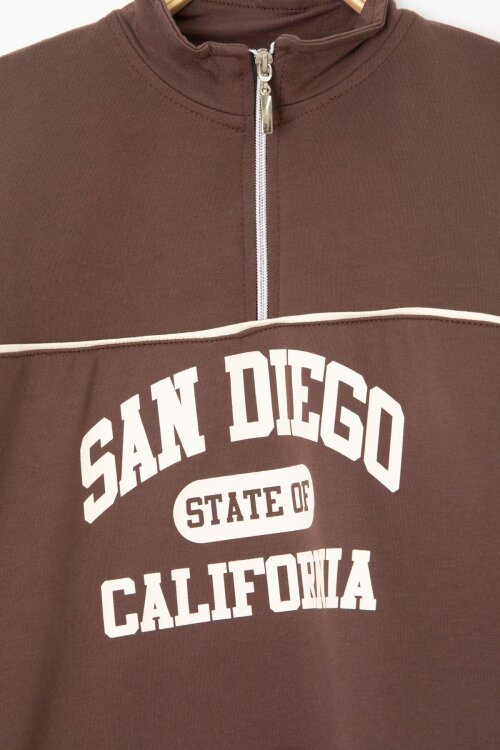 Kahverengi Yazı Baskılı Yarım Fermuar Sweatshirt ve Pantolonlu Erkek Takım  23510