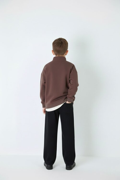 Kahverengi Yazı Baskılı Yarım Fermuar Sweatshirt ve Pantolonlu Erkek Takım  23510