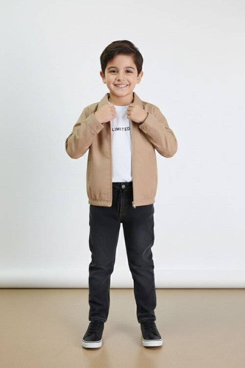 Kahverengi Yazılı Ceketli Jean Pantolonlu Erkek Çocuk 3lü Takım 23375