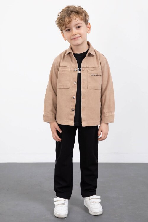 Kahverengi Yazılı Düğmeli Gömlekli Erkek Çocuk Pantolonlu 3lü Takım  23371