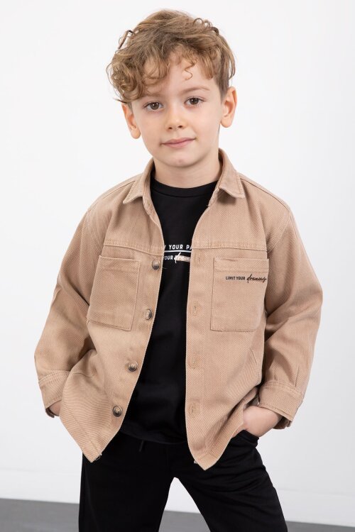 Kahverengi Yazılı Düğmeli Gömlekli Erkek Çocuk Pantolonlu 3lü Takım  23371