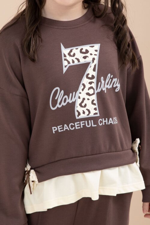 Kahverengi Yırtmaçlı Pantolonlu Fiyonklu Yazılı Badili Kız Çocuk 2li Takım 23596