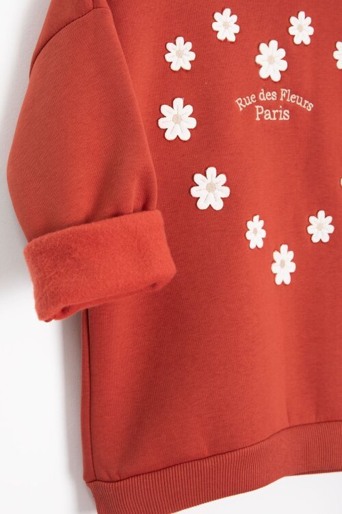 Kiremit Çiçek Nakışlı Şardonlu Kız Çocuk Geniş Paça Eşofman Takımı 23348